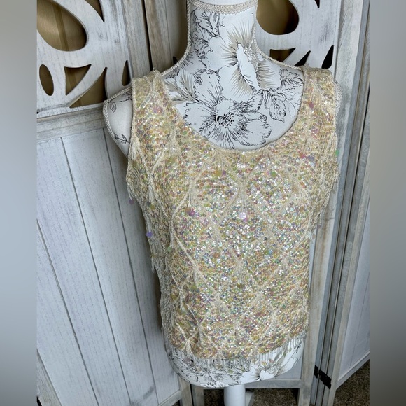Vintage 60's Sequin Beaded Sweater Tank Top Flapper Hong Kong Medium - Picture 2 of 8